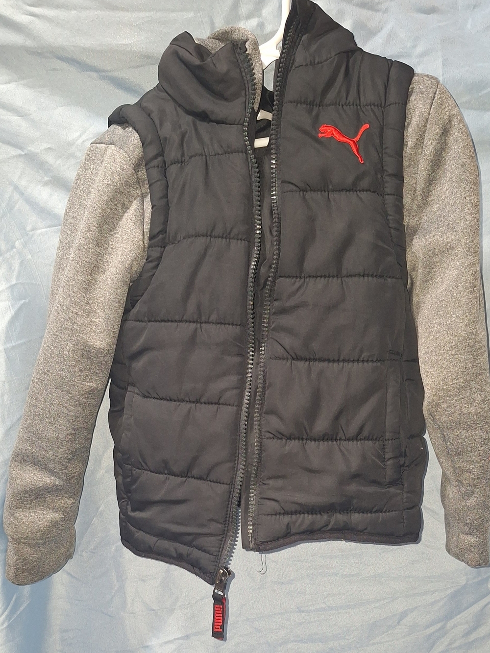 Puma Kids' Black Puffer Vest with Gray Sleeves